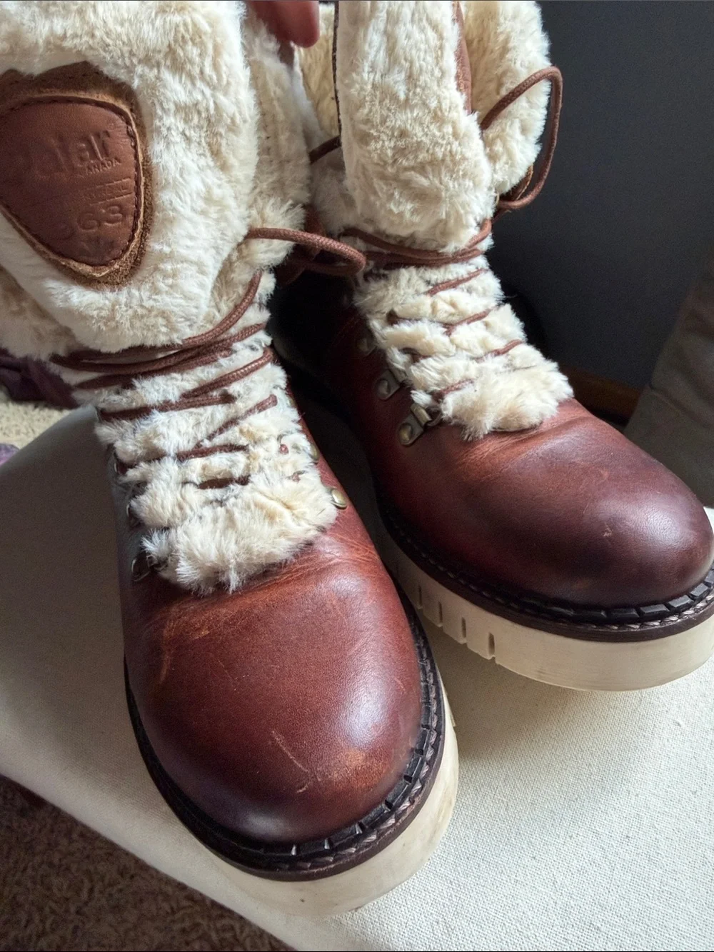 Pajar Brown Leather Fur-Trim Winter Boots with Cream Lining